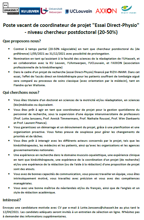 Lotte Janssens On Twitter Job Offer Postdoc Level Coordinator To Study Direct Access To Physio In Belgium Collab With Revalresearch Annicktimmerma Movantresearch Nathalieroussel Kuleuvenpt Wimdankaerts Uclouvain Be Laurentpitance