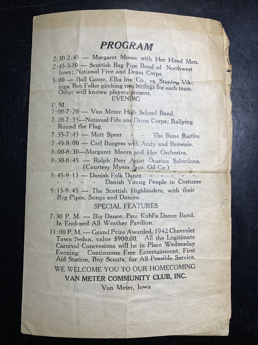From my random collection of stuff, here’s an 80-year old program from a Bob Feller Homecoming in Van Meter, Iowa on Oct. 2, 1941. ⁦Note addresses by Iowa Gov. Wilson & U.S. Sen. Herring. ⁦@baseballhall⁩ ⁦@Indians⁩ ⁦@LukeEpplin⁩ ⁦@GeorgeWill⁩