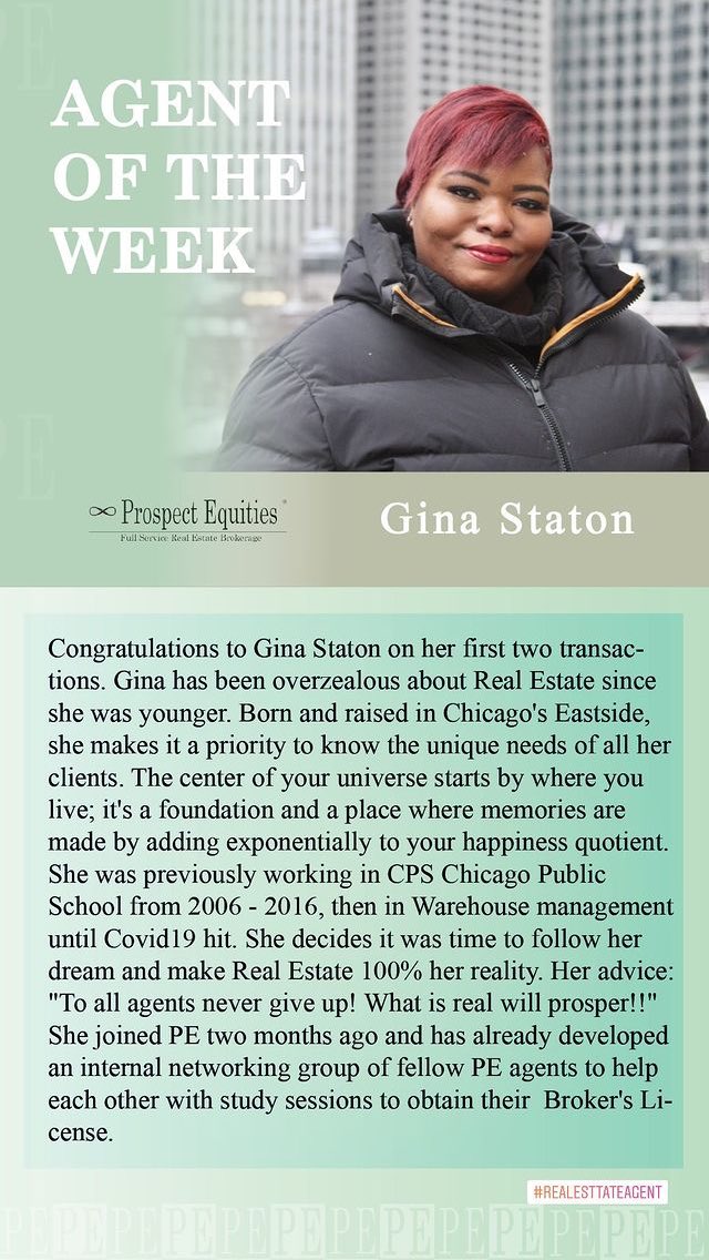 PrEq's tweet photo. Congrats to PE Agent of the Week Gina Staton on closing her first 2 deals this week @PrEq Prospect Equities®  #Chicago #PE #ProspectEquities #RealEstate #dedication #drive #agent #Producer https://t.co/PXVlMSHZtA