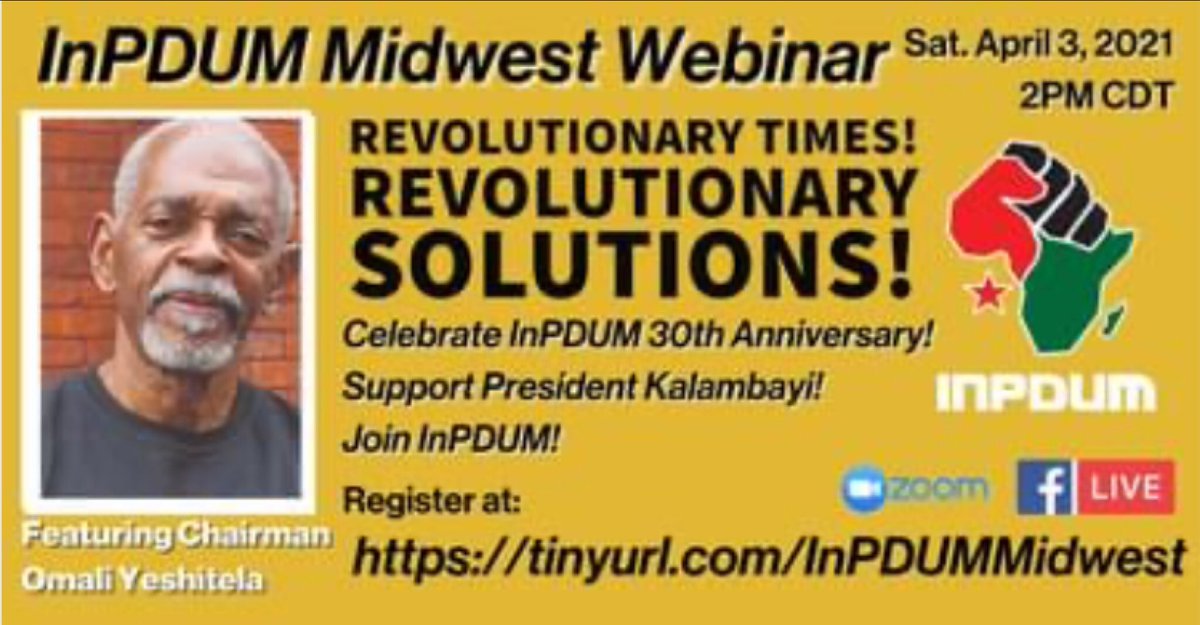 _InPDUM's tweet image. “The theme of this event is #RevolutionaryTimes! #RevolutionarySolutions! Come support President #Kalambayi in the final push for the #Ward3 General Election. Also, come observe #InPDUM&apos;s 30th anniversary.”

register at: tinyurl.com/InPDUMMidwest

Uhuru! Pull up Comrades!