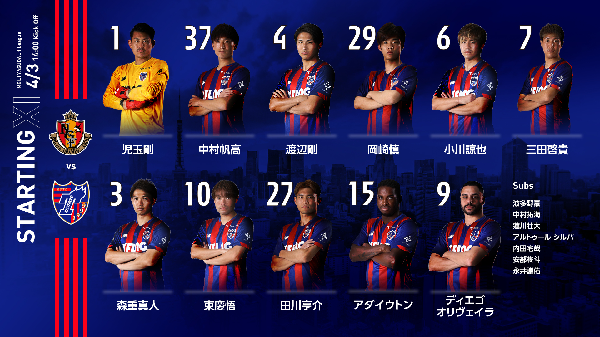Twitter 上的 Fc東京 公式 5 8 H 鳥栖戦 Lifewithfctokyo Startingxi Tokyonagoya Vs 名古屋グランパス スターティングメンバーが発表されました Dazn Jpn でともに勝利の喜びを T Co rpbdjynh Lifewithfctokyo Fctokyo