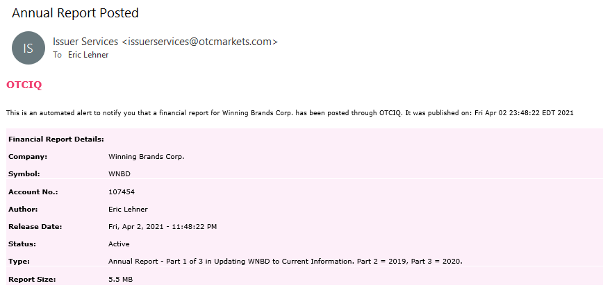 GestIntel's tweet photo. $WNBD  Filings Update Part 1:  Upload Made.  OTC Confirms, as per Screen Shot below.  Should be just a few minutes now.  Remember, this is pertaining to activity 3 years ago.  The 2020 report will have more content relevant to forward plans for 2021. https://t.co/Kfr9nL4URr