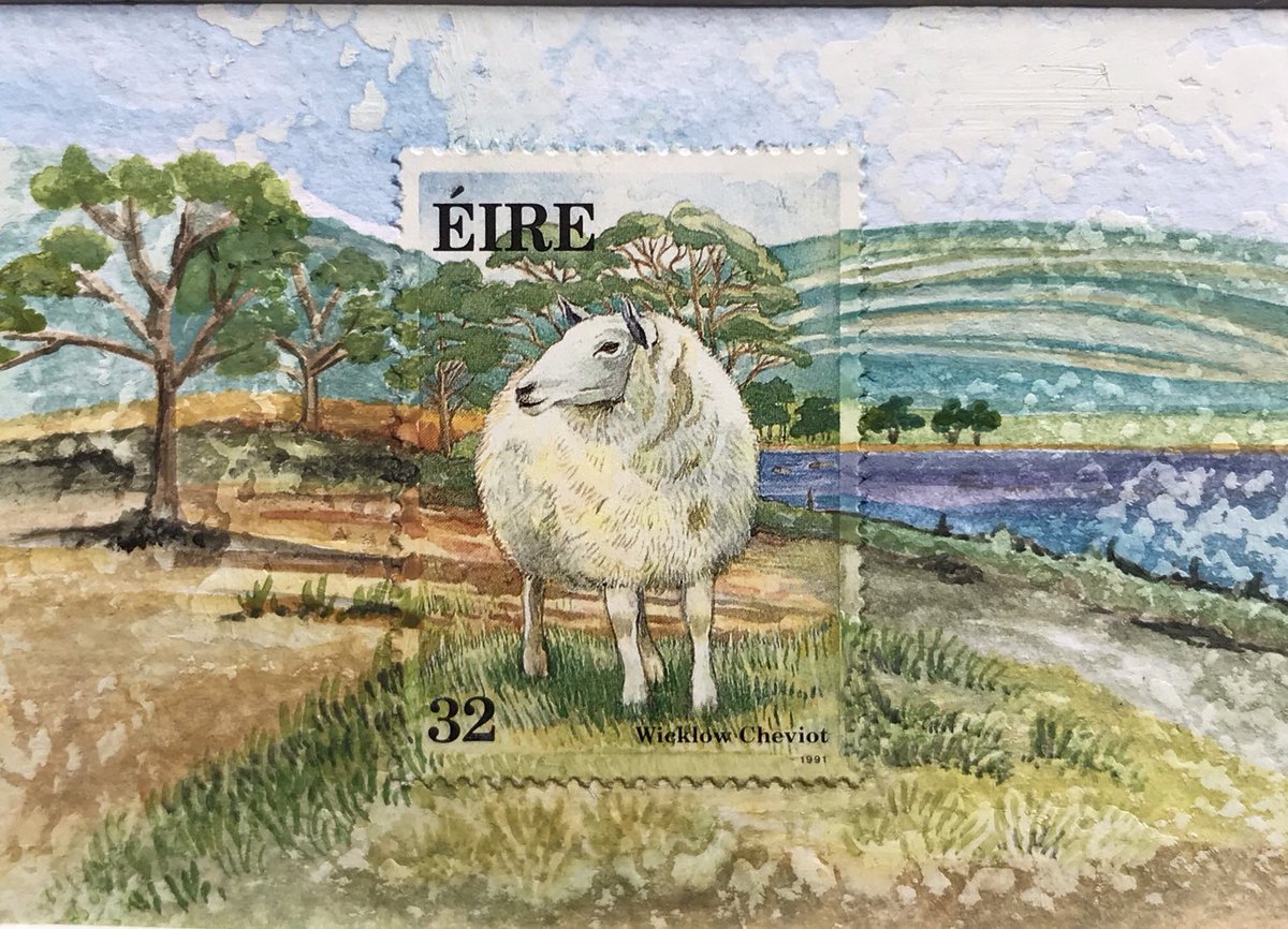 Sheep postage stamp art, watercolours, oil paints and an Eire postage stamp  #eirepostagestamps #miniatureartwork etsy.me/3dwR0yg