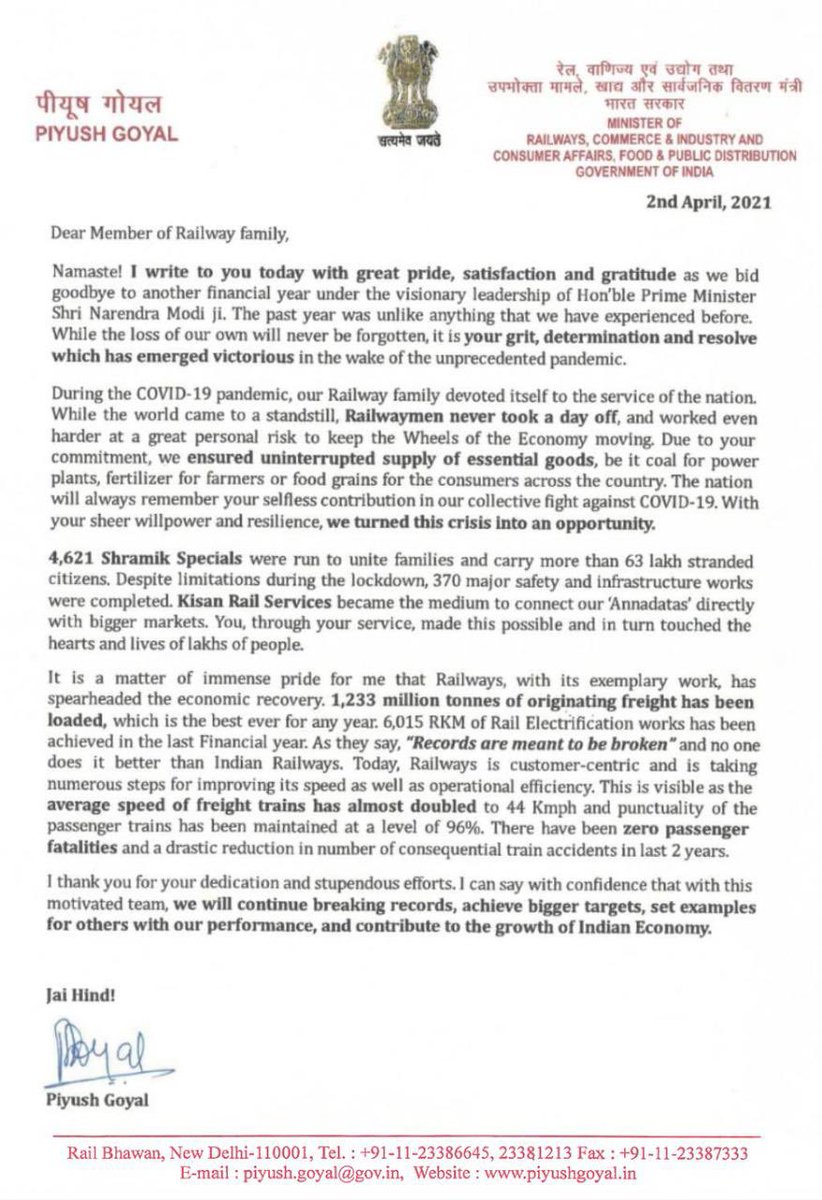 PiyushGoyal's tweet photo. As the financial year comes to an end, I express my gratitude to the Railway family for displaying immense grit, determination &amp; resolve during these unprecedented times

Under the leadership of PM @NarendraModi ji we will continue to scale new heights &amp; propel the Indian economy https://t.co/lySA55NmbS