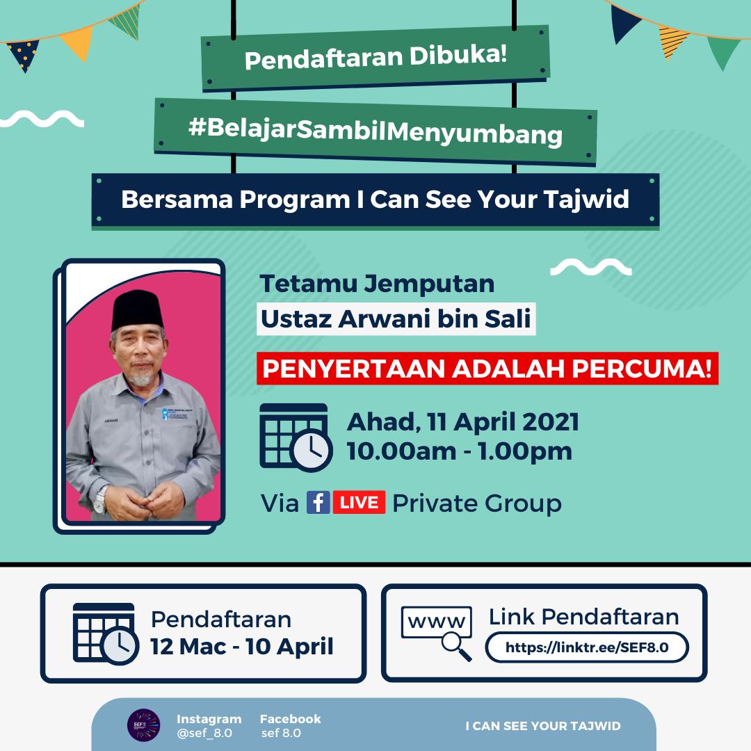 Cokobomb_izz's tweet photo. *[ PENDAFTARAN DIBUKA! ]*

Pendaftaran Program I Can See Your Tajwid bersama Ustaz Arwani kini dibuka!

Tarikh pendaftaran adalah bermula daripada 12 Mac 2021 sehingga 10 April 2021. Program ini adalah terbuka dan tiada had kuota bagi program ini. https://t.co/fcYb0u2J9T