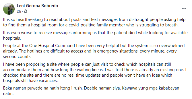 newswatchplusph's tweet photo. Vice President Leni Robredo calls on the gov’t to expedite the release of real-time updates on hospital capacity, citing the experiences of families struggling to find hospitals for their COVID-positive loved ones. | @eimorpsantos https://t.co/viiLgC3i91