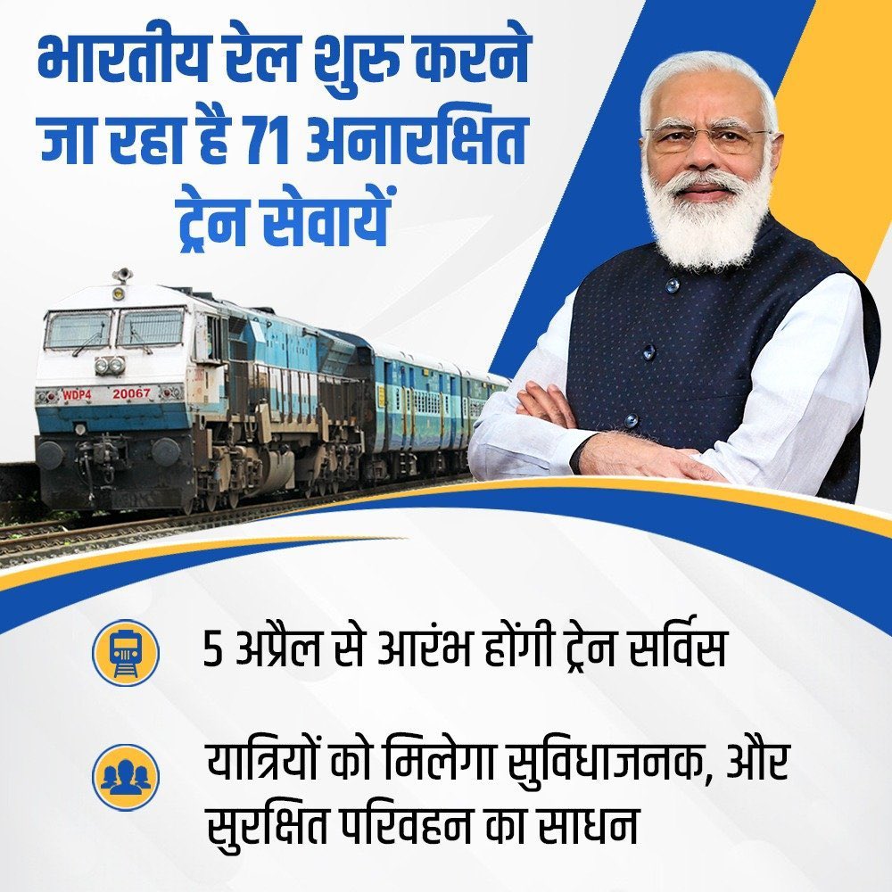 भारतीय रेल यात्री सुविधाओं में बढोत्तरी करते हुए 5 अप्रैल से, 71 अनारक्षित ट्रेन सेवायें आरंभ करने जा रहा है।

यह ट्रेनें यात्रियों के सुरक्षित, और आरामदायक सफर को सुनिश्चित करेंगी।

ट्रेन सेवाओं की सूची के लिये देखेंः
🌐 bit.ly/71UnResExp