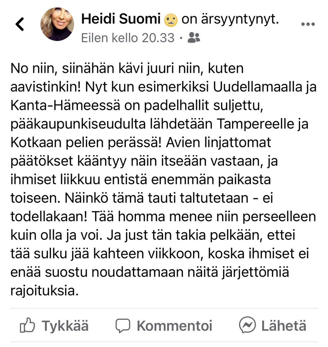 timoheinonen's tweet photo. #Liikunta #Yrittäjä @HeidiSuomi päivitys kertoo näiden #pääministeri @MarinSanna ja #hallitus ratkaisujen kohtuuttomuuden ja järjettömyyden! Toimet vain lisäävät ihmisten liikkumista eri puolille maata. #Korona turvallinen #harrastaminen pitäisi sallia kaikkialla #liikunta #sport https://t.co/Ed3uMYT9Db