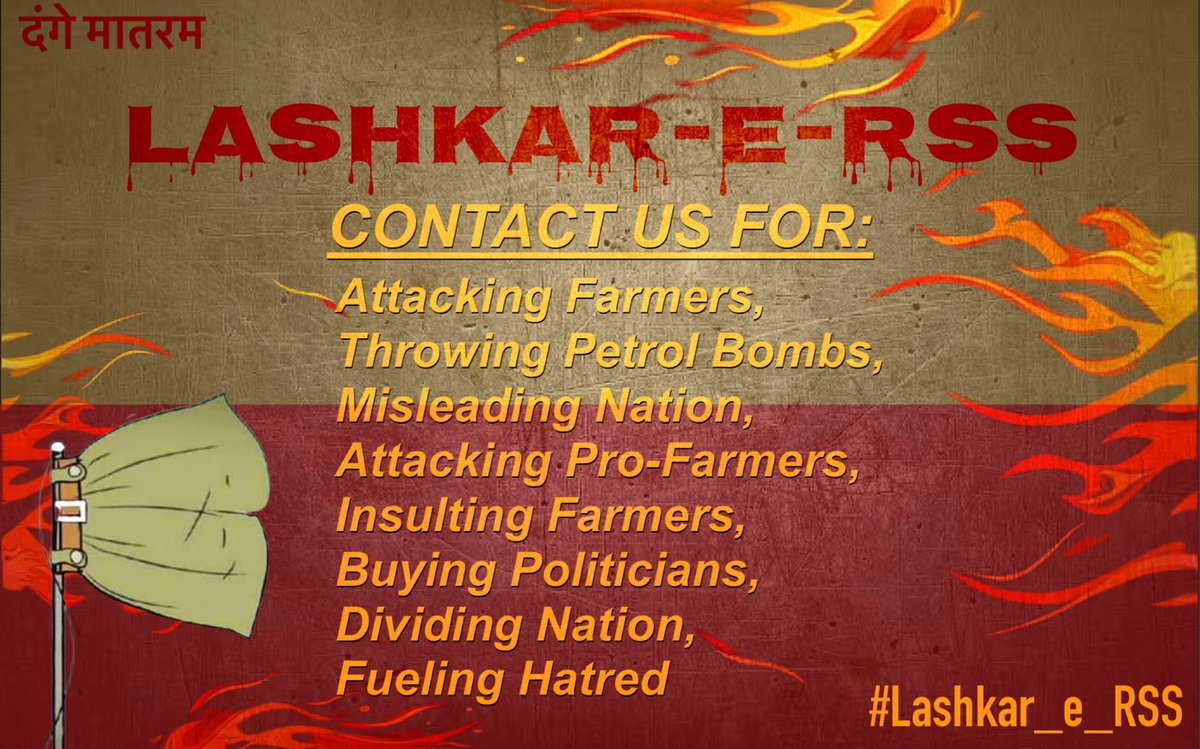 Jaswind39413895's tweet photo. Bjp and RSS always tried to supress minorities and now they are trying to supress Farmers Protest by attacking Rajesh Tikait and sometimes firing near TDI Mall Singhu border. We willnot accept such roits in secular country.
#Lashkar_e_RSS 
#RSS_आतंकी_हेडगेवार 
#RSS_देश_का_गद्दार https://t.co/X8G9gvWMqt