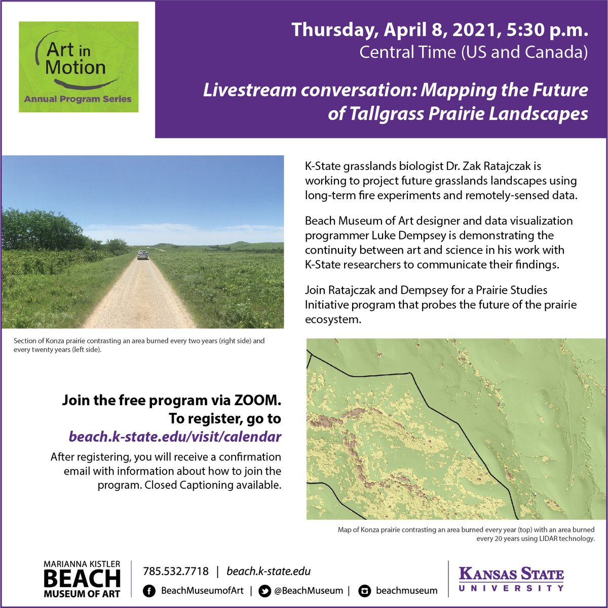 K-State grasslands biologist Dr. Zak Ratajczak <a href="/zaratajczak/">Zak Ratajczak</a> and Beach Museum designer and data visualization programmer Luke Dempsey discuss the future of the prairie ecosystem. April 8, 5:30 pm CST US and Canada. Register for the free program: ksu.zoom.us/webinar/regist…
<a href="/KonzaLTER/">Konza Prairie LTER</a>
