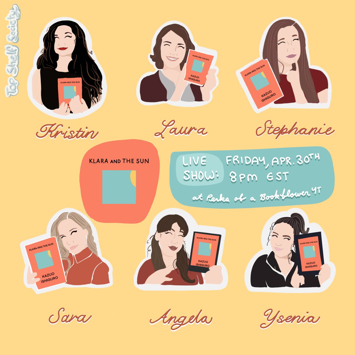 TopShelfSoc's tweet photo. Hi everyone!
Our next live show is April 30th at 8 PM EST.
April book: Klara and the Sun by Kazuo Ishiguro.
See you then, Top Shelfers!
#bookclub
#aprilbookclub
#2ndApril
#klaraandthesun https://t.co/BLLkIsezVm