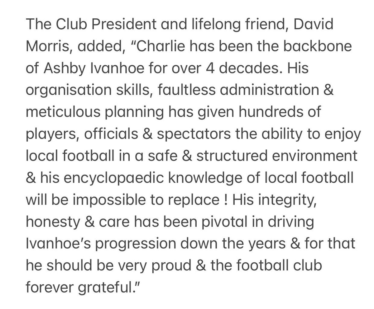 AshbyIvanhoe_FC's tweet photo. Charlie Tissington Jnr - A thank you

Please take time to read the below regarding club legend Charlie Tissington who has been a huge part of our club over the years and is taking stepping back! https://t.co/CwpAeQUo0U