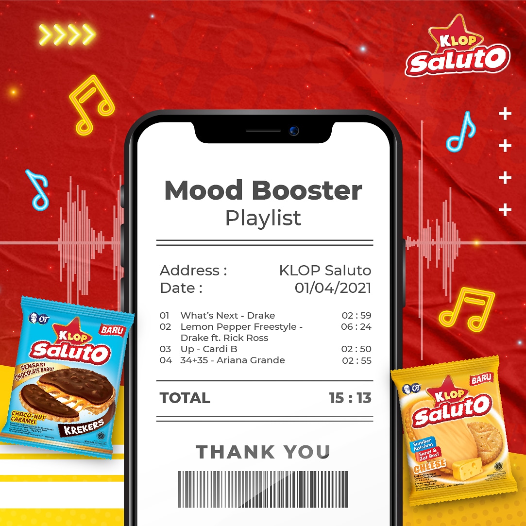 Semangat baru di awal bulan dengan KLOP Saluto yang selalu jadi dambaan~

Booster mood dulu yuk buat para Klopers yang jomblowan dan jomblowati yang malam minggunya cuma di rumah aja. Putar playlist favoritmu dan nikmati musiknya!

Jangan lupa siapin KLOP Saluto-nya ya. ;)
