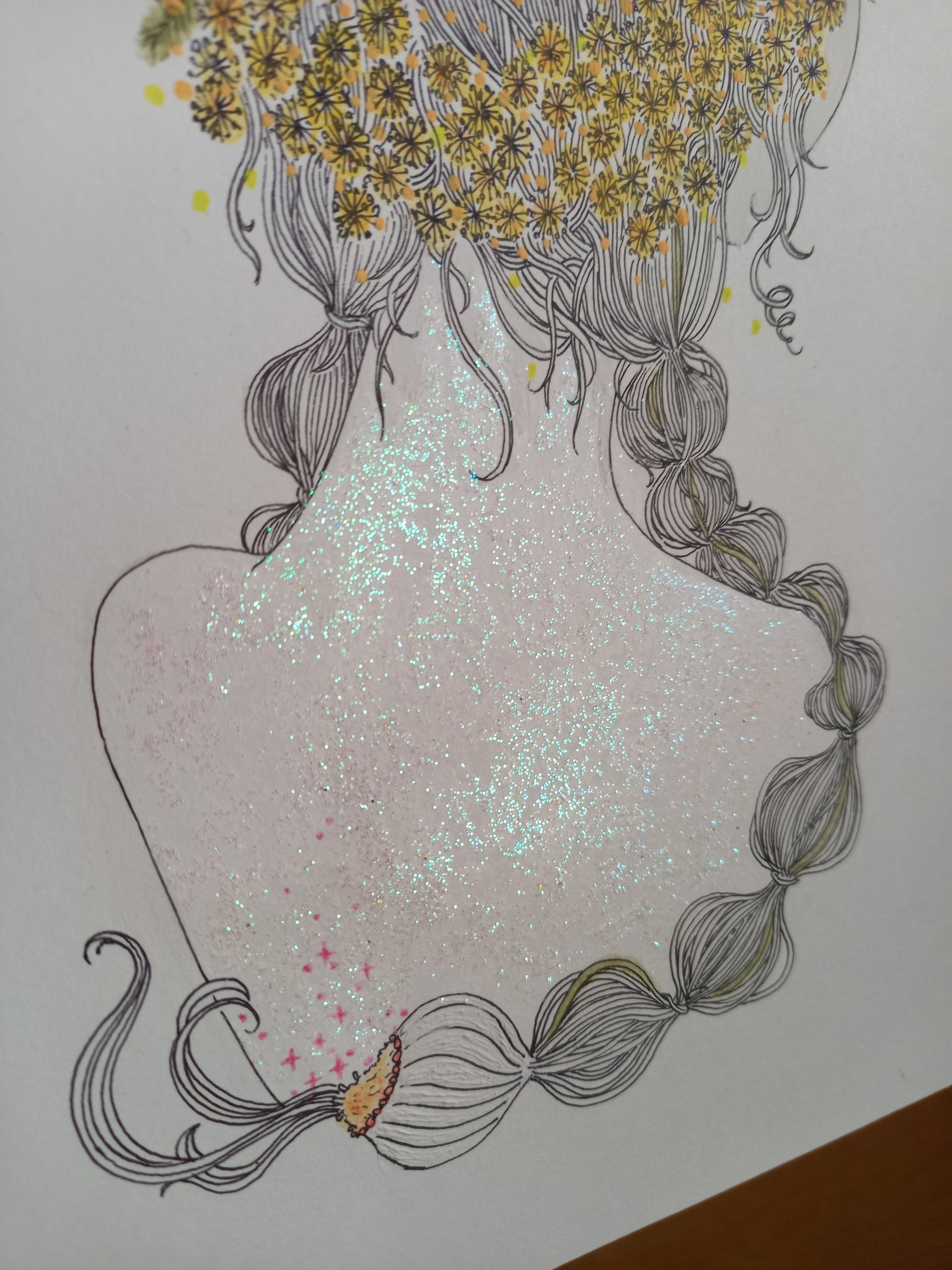 キヨミズドロウイング ミモザの子の背中はキラキラしていて 髪の毛の一部はカイガラムシです ちなみにカイガラムシは植物の汁を吸う害虫でプニプニしています イラスト アート オリジナルイラスト 線画 ペン画 植物イラスト 虫イラスト 手描き