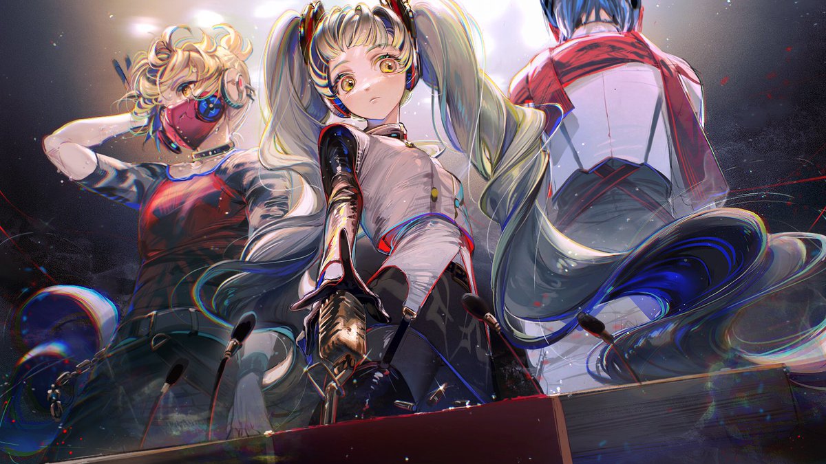 hatsune miku ,kagamine len ,kaito (vocaloid) 2boys multiple boys twintails microphone long hair very long hair blue hair  illustration images