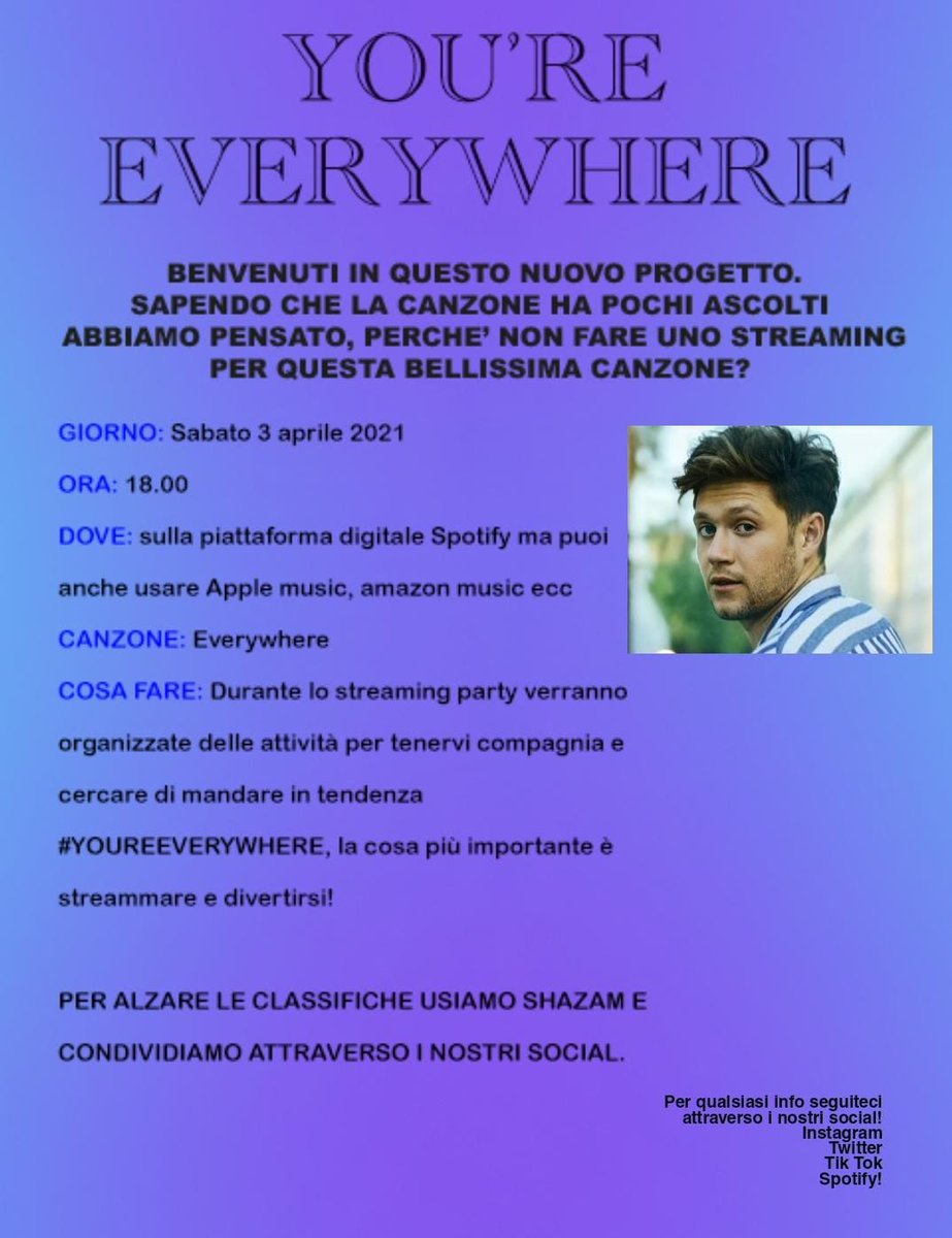 niallspromoIT's tweet photo. #YOUREEVERYWHERE 

VOLEVAMO RICORDARVI CHE STASERA C'È UNO STREAMING PARTY PER EVERYWHERE!!

ORE 18 https://t.co/zAEFHMasWG