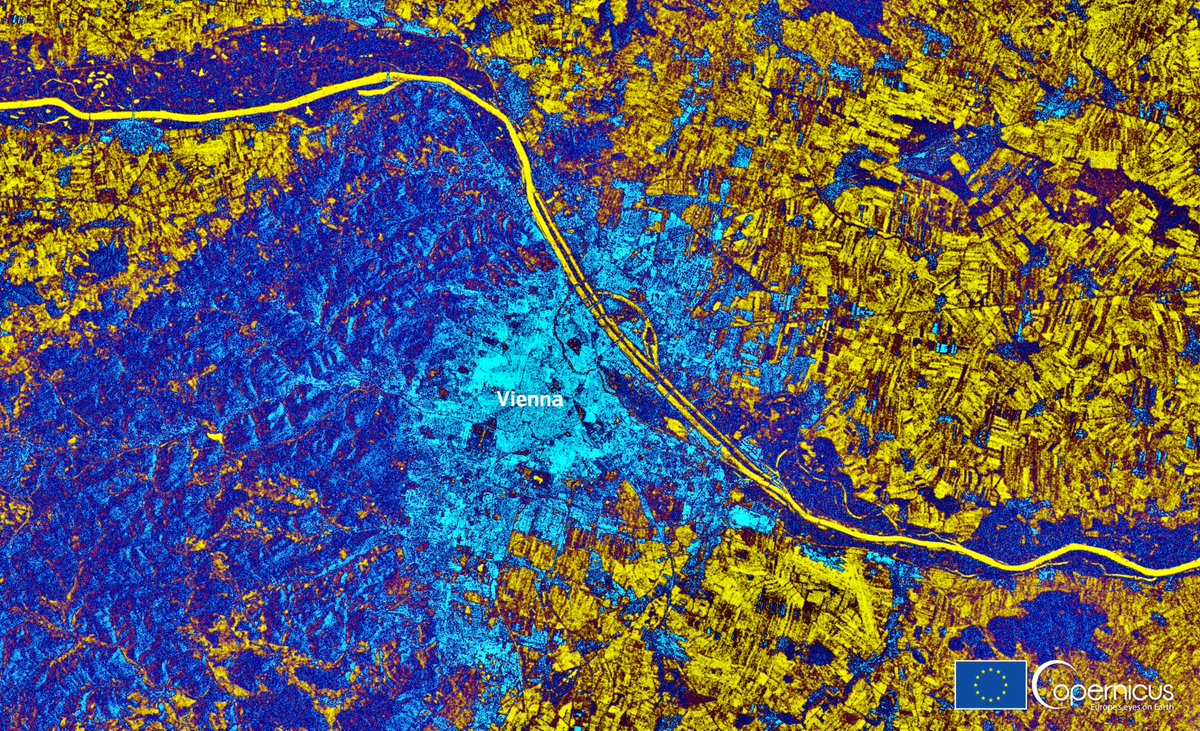Happy Birthday 🎂 to #Sentinel1-A 🇪🇺🛰️, the first of @CopernicusEU #OpenData workhorses to be placed in orbit!! She was launched #OTD in 2014 from Europe's Spaceport in Kourou, French Guiana 🇫🇷 To celebrate, here is an image of Vienna 🇦🇹 acquired this morning at 5:09 UTC