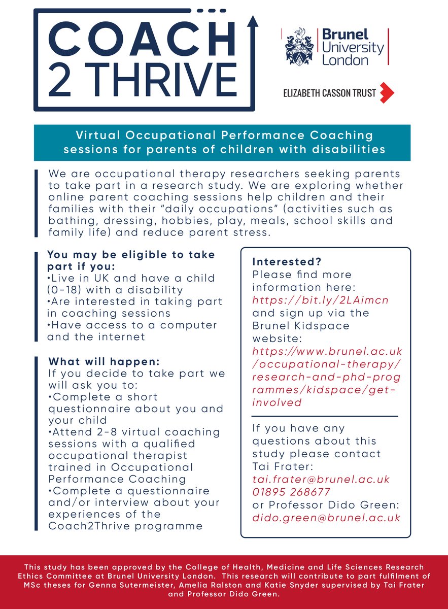 RCOT CYPF (@rcot_cypf) on Twitter photo āCoach2Thriveā is an exciting research initiative from
<a href="/Bruneluni/">Brunel University of London</a> <a href="/tai_the_ot/">Tai Frater</a> focused on the use of OPC online for parents of CYP with disabilities
Do you know any families interested in participating?
Find out more at bit.ly/38fxV1w
#OPC #Coach2Thrive āCoach2Thriveā is an exciting research initiative from
<a href="/Bruneluni/">Brunel University of London</a> <a href="/tai_the_ot/">Tai Frater</a> focused on the use of OPC online for parents of CYP with disabilities
Do you know any families interested in participating?
Find out more at bit.ly/38fxV1w
#OPC #Coach2Thrive