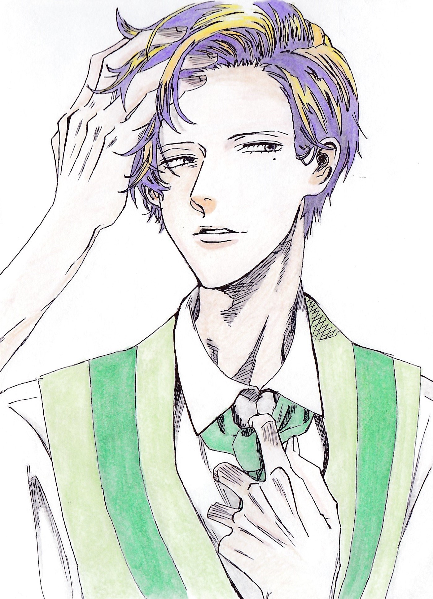 Twitter 上的 ハイカラ 久しぶりのイラスト投稿 とにかくイケメンが書きたくていけてるお兄さん描きました 髪色を遊んでみました 7月からアニメ楽しみ うらみちお兄さん 蛇賀池照 水彩色鉛筆 T Co P5uir7qe3m Twitter