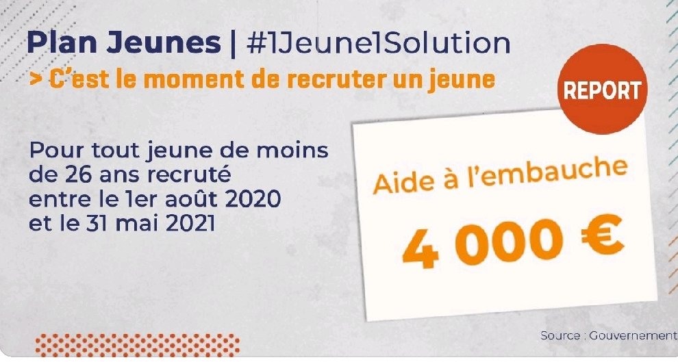 ⚠️L'aide exceptionnelle pour recruter un jeune est prolongée!
- pour les moins de 26 ans
- jusqu'au 31 mai 2021
<a href="/RIFFARDCAROLINE/">RIFFARD CAROLINE</a> <a href="/thorel_karine/">Karine Thorel</a> <a href="/HennacheCaro/">Caroline Hennache</a> @AutinGael <a href="/hego_marie/">Marie Hego</a> <a href="/SihamTillerot/">Tillerot Siham</a> <a href="/Thibaud_Gaucher/">thibaud gaucher</a> <a href="/LionelTesse/">Lionel TESSE</a>