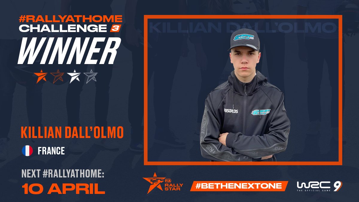 ⭐ Congratulations <a href="/Killiandallolm3/">Killian Dall’olmo</a> who will be joining @billycherokee_ and @luc__fournier as the third winner of the #RallyAtHome Challenge on #WRC9!

Selections will be running throughout 2021, so be sure to look out for more opportunities coming to you! 🔜
#BeTheNextOne