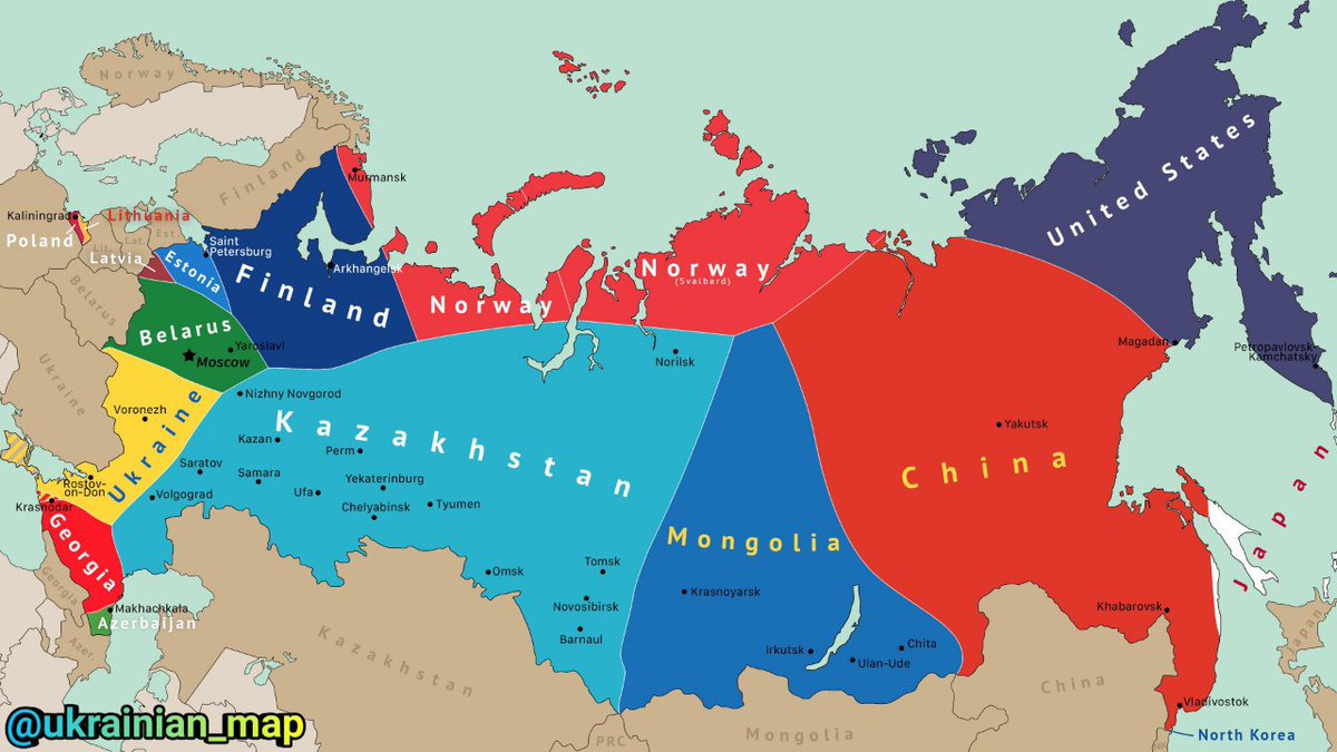 Sains_u's tweet image. Як буде розпадатися Росія

На карті зображено приблизний можливий поділ Росії відповідно до того, яка країна є найближчою до певної конкретної точки Росії, - ту частину і забирає.

Так, Україна дістає свої етнічні землі - Кубань та Слобожанщину. #ні_існуванню_росії