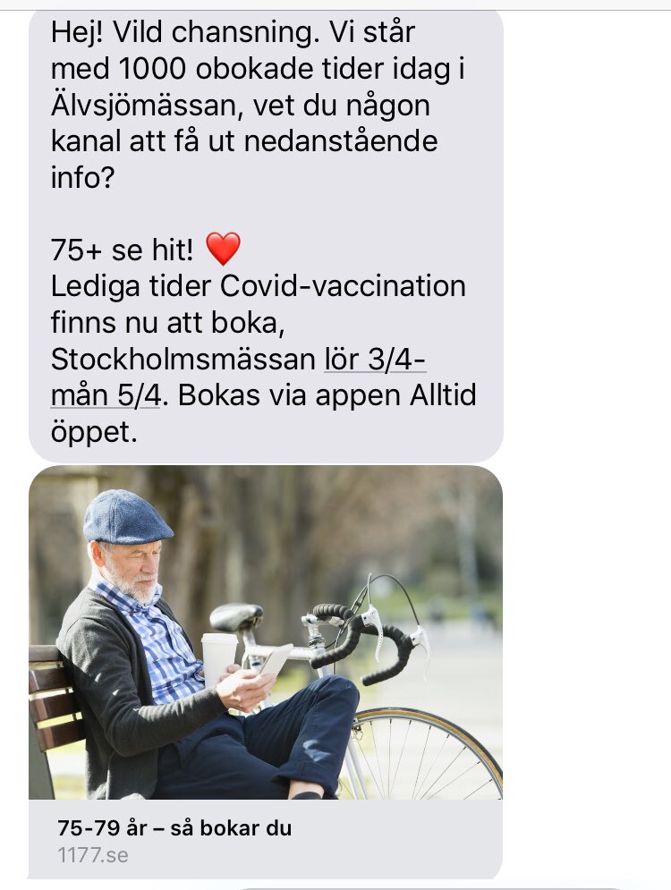 Viktigt meddelande! Kontakta alla ovaccinerade 75+ ni känner i Stockholm bums! Finaste påskpresenten väntar på Stockholmsmässan!💛 Dela gärna denna!