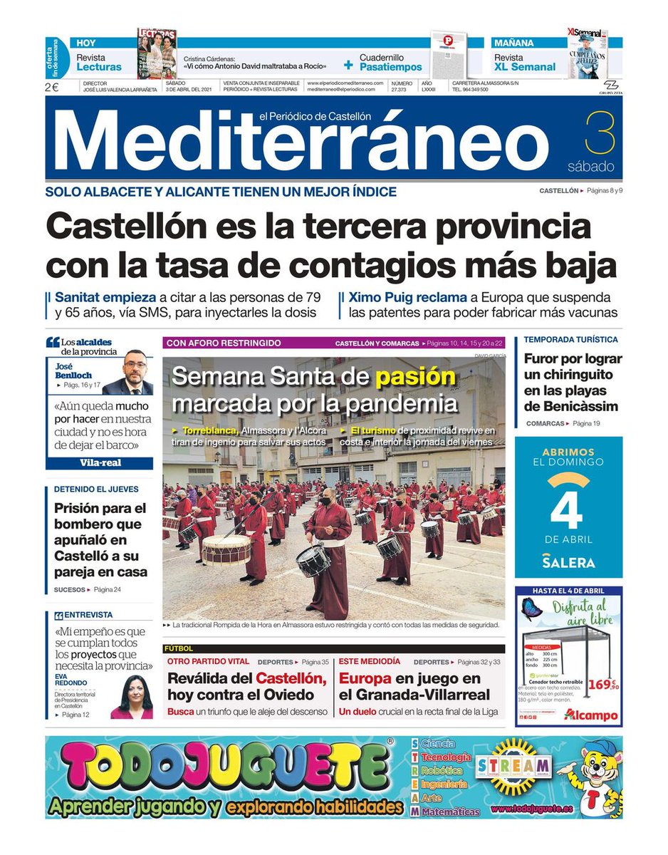ximogorriz's tweet photo. Hoy #SábadoSanto 3 sólo se publica en papel una de las #portadasdeCastellón, la de @epmediterraneo, con protagonistas como #Covid_19 @GVAsanitat @ximopuig #SemanaSanta @J_Benlloch
@ajvila #EvaRedondo @generalitat
@cdcastellon @VillarrealCF #turismo 

@elmundocs, hoy en digital. https://t.co/s8A7hWLsss