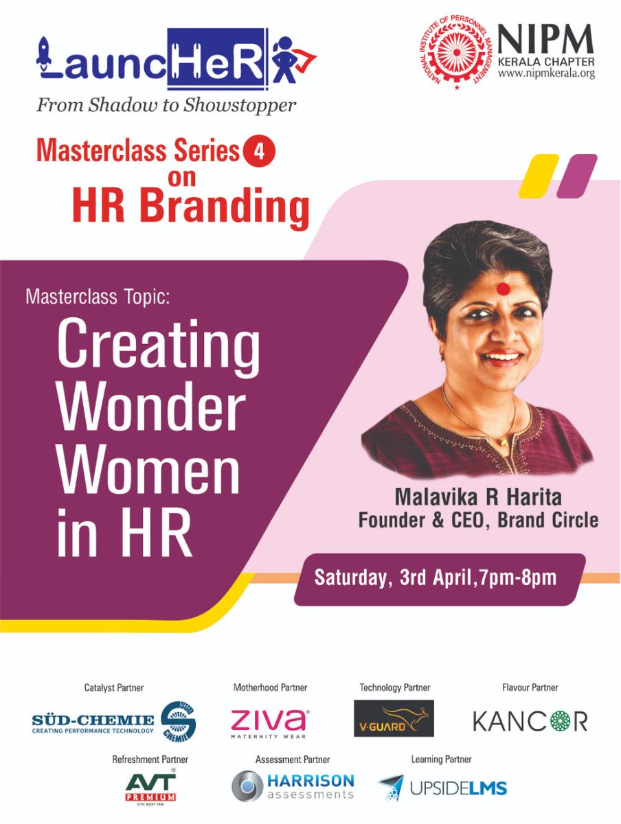 nipmkerala's tweet photo. Announcement of next round selects &amp; 4th Masterclass of our #launchernipm2k21 is today.

Let's learn from @malavikaharita who believes sharing knowledge is the way to learn.

@ZivaMoms @Upside_LMS @VGuardOfficial #SudChemie @KancorOfficial @avtbeverages @iimbangalore https://t.co/C3jmXG572X