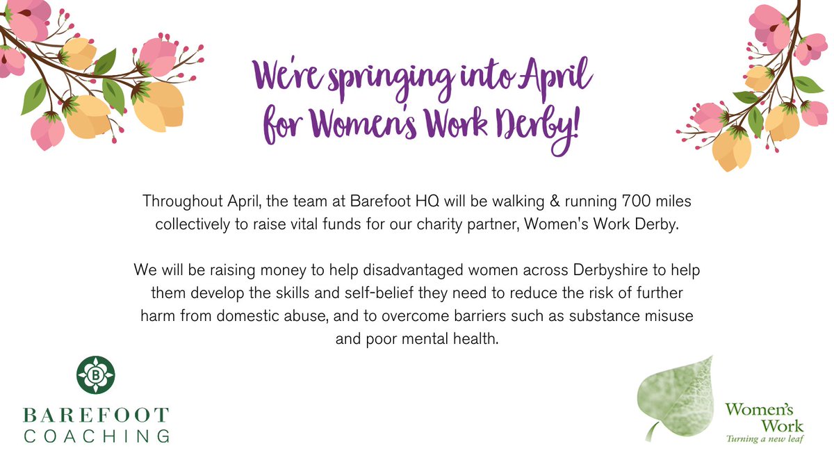 Barefoot_Ltd's tweet photo. We're springing into April for @WomensWorkDerby to help raise money for disadvantaged women across Derbyshire. The Barefoot team will be collectively running & walking 700 miles in April, and you can sponsor us here: https://t.co/hAxgnGENvU #SpringIntoApril ๐โโ๏ธ๐โโ๏ธ https://t.co/G7TJbb6fXD