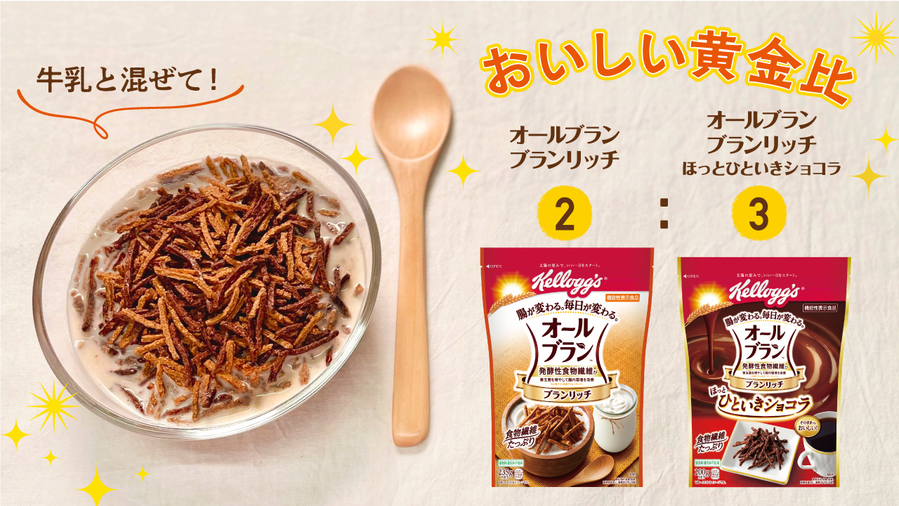 ケロッグ オールブラン新製品の ほっとひといきショコラ みんな試してくれたかな 個人的には 朝だ ショコラだ ってモチベーションで起きれる ブランリッチ と混ぜて食べるなら3 2が黄金比ですがみなさんどうですか 中の人個人の見解