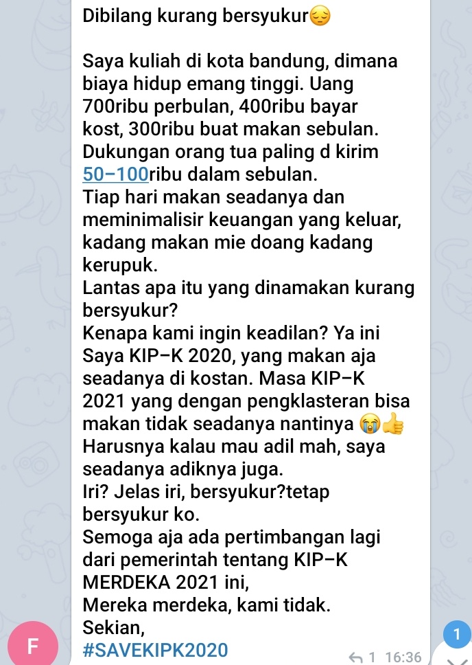 norchyd's tweet photo. bersyukur?? jauh sebelum kalian memintanya kami sdh bersyukur dgn mikir keras gimana caranya uang 700k itu ckp buat sebulan
@MataNajwa @nadiemmakarim
@hariankompas @KompasTV @CNNIndonesia
#SaveKIPKuliah2020 #SaveBidikmisi
#KeadilanKIPKuliahMerdeka
#TolakKIPKuliahMerdeka https://t.co/YdkhsBMW04
