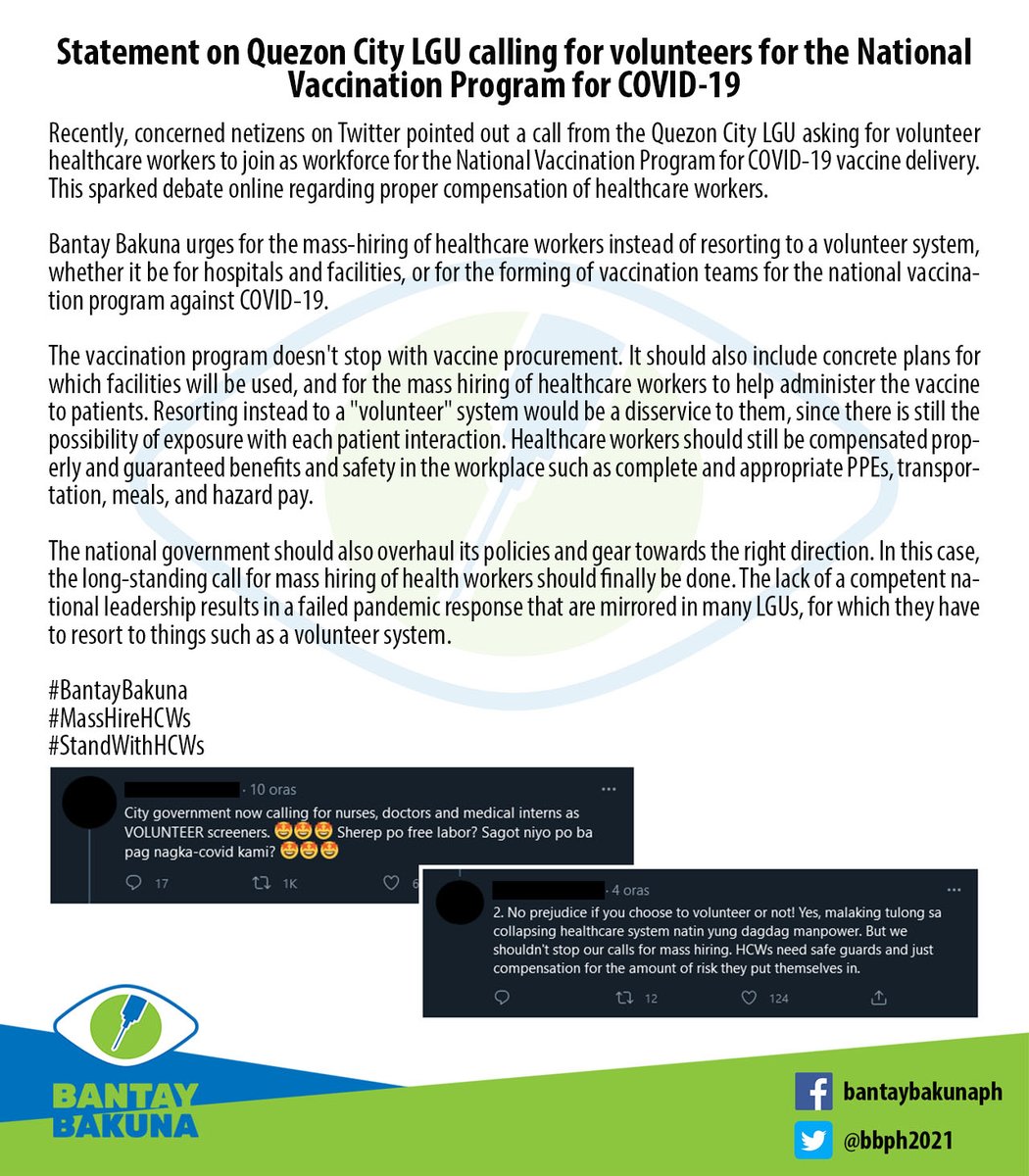 Bantay Bakuna
April 3, 2021

Statement on Quezon City LGU calling for volunteers for the National Vaccination Program for COVID-19.

#BantayBakuna
#MassHireHCWs
#StandWithHCWs