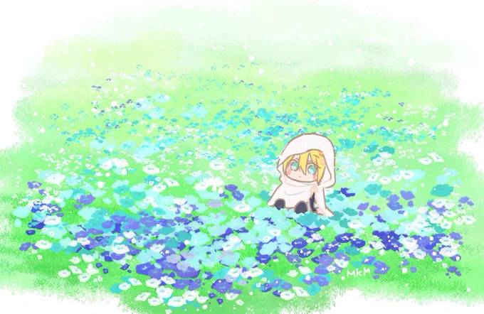 青いお花畑とわんぱくんばちゃん? 