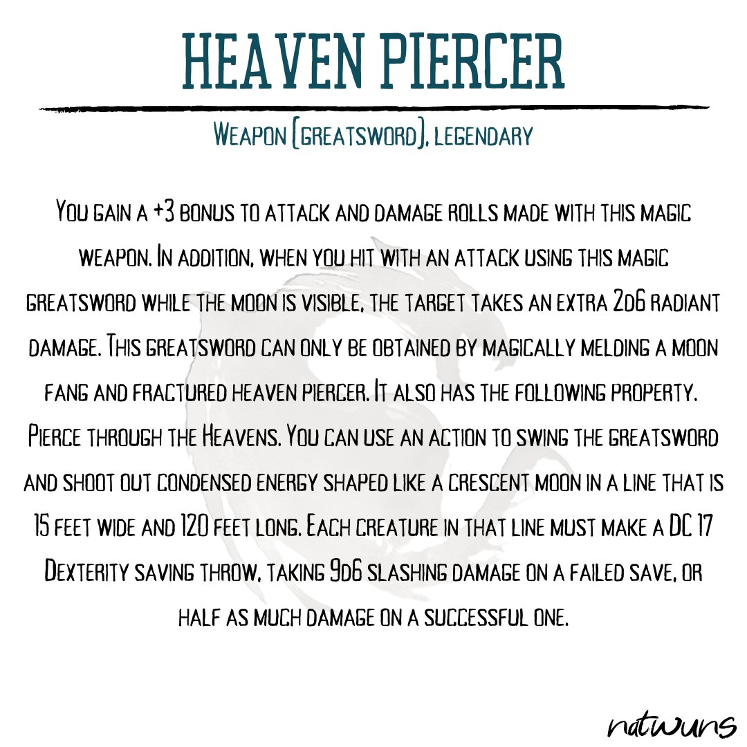natwuns's tweet photo. 🗡️ HEAVEN PIERCER 🗡️

Weapon (greatsword), legendary 

#dnd #ttrpg #dnd5e #dungeonsanddragons #natwuns #dndbeyond #dndhomebrew #dndart #dndartwork #dnditems #dndmagicalitems #dndlife https://t.co/1ZAbYv8e7y