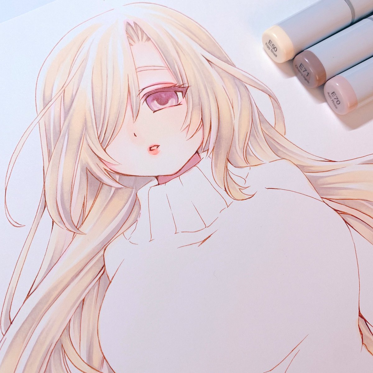 コピック絵塗り進めてます 髪色がすごく気に入ってます E50 E70 E 結希 花 Yuuki Hana Skebはじめました のイラスト