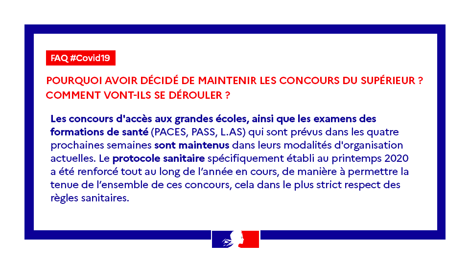 sup_recherche's tweet photo. #FAQ I Les concours d'accès aux grandes écoles, tout comme les épreuves des formations de santé, seront maintenus dans leur calendrier actuel au mois d'avril, en respectant le protocole sanitaire établi ▶️ https://t.co/Lkf1PkgRLk https://t.co/uG4T9Ig9rt