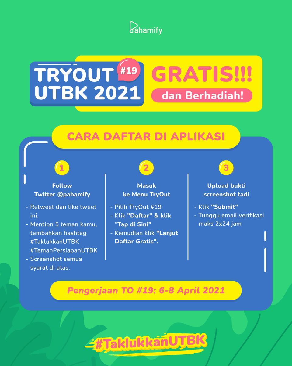 pahamify's tweet photo. Cek cara daftar TO #19 GRATIS di thread ini! 👇🏻

1⃣ Follow Twitter @Pahamify
- Retweet &amp; like tweet ini.
- Reply &amp; mention 5 teman kamu, tambahin hashtag #TemanPersiapanUTBK #TaklukkanUTBK
- Screenshot semua syarat di atas. https://t.co/WA4hqGNkJJ