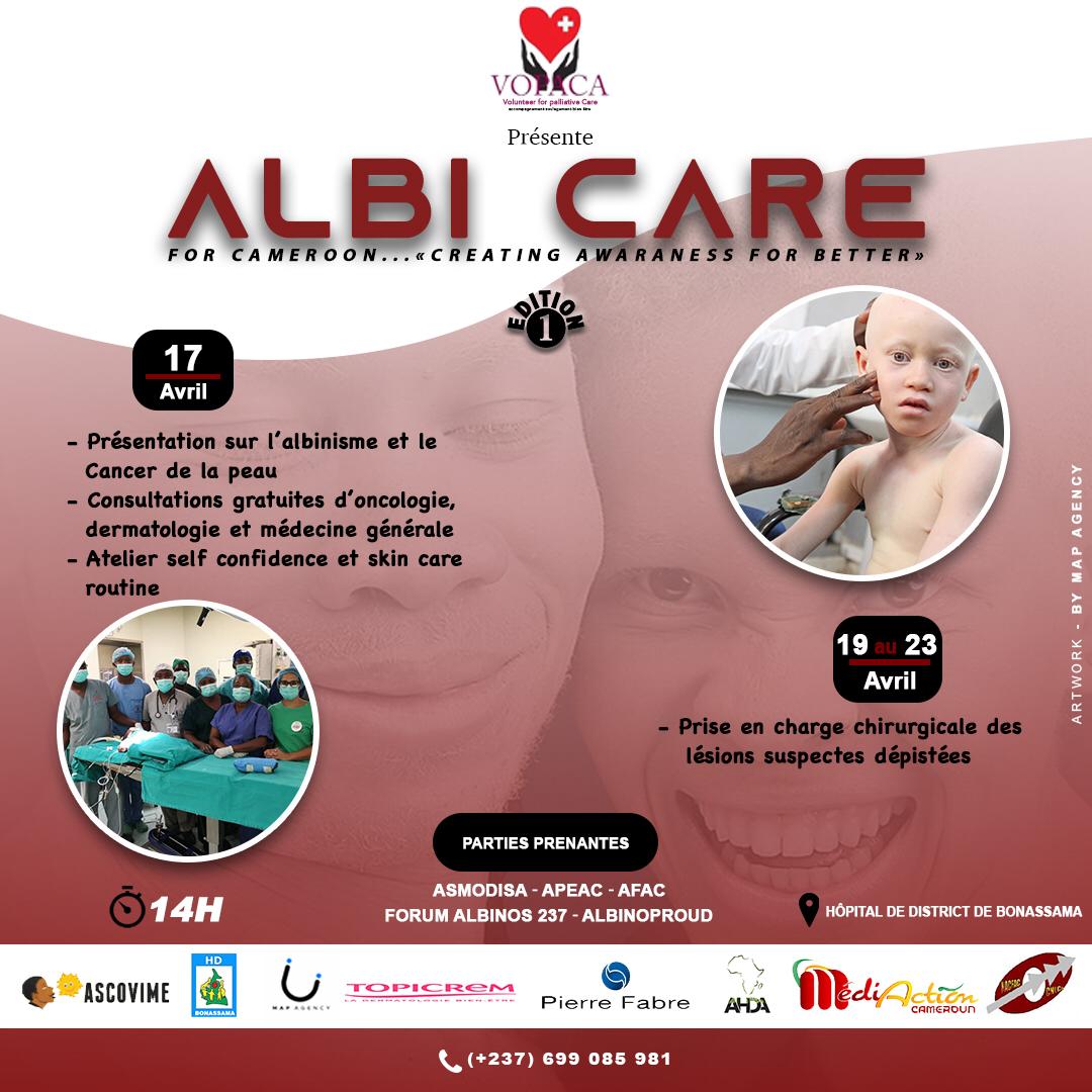 Douala People😃
L’association VOPACA a le plaisir de vous convier à sa première campagne de santé autour de l’albinisme «ALBICARE for CAMEROON» 
Au programme : 
- Sensibilisation sur l’albinisme et le cancer de la peau 
-Consulations et prise en charge chirurgicale gratuites