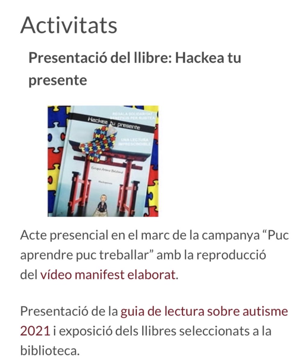 tea_rubi's tweet photo. 6 de abril a las 18 horas os esperamos en la @bibliotecammt  Presentación y firma del libro Hackea tu presente @hackupresent Enrique Arranz @life4n6 beneficios a #rubitea. 💙reservar: b.rubi.mmt@diba.cat  
#autisme #autismo #diamundialautisme #rubicity #pucaprendrepuctreballar https://t.co/cwU5L0t7Iz