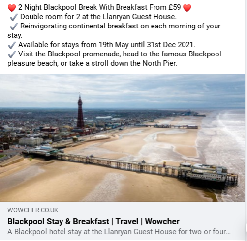 ❤️ 2 Night #Blackpool Break With Breakfast From £59
 ✔️ Double room for 2 at the Llanryan Guest House
 ✔️ Reinvigorating continental breakfast on each morning of your stay
✔️ Available for stays from 19th May until 31st Dec 2021
➡️ tidd.ly/3dxgVpo