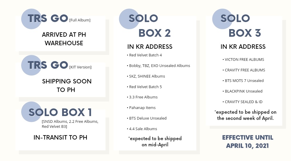 velaris_shop's tweet photo. #VSPH_Updates
As of April 03, 2021
TRS GO (Album) - arrived at ph warehouse na, sana arrived na next weekπ€π»
SOLO BOX 1 - wala pa ring reply si courier
SOLO BOX 2 - malapit na mapuno yung box so hopefully mid-April shipped-out na
SOLO BOX 3 - waiting for consol's update https://t.co/x3O1zrRc1E