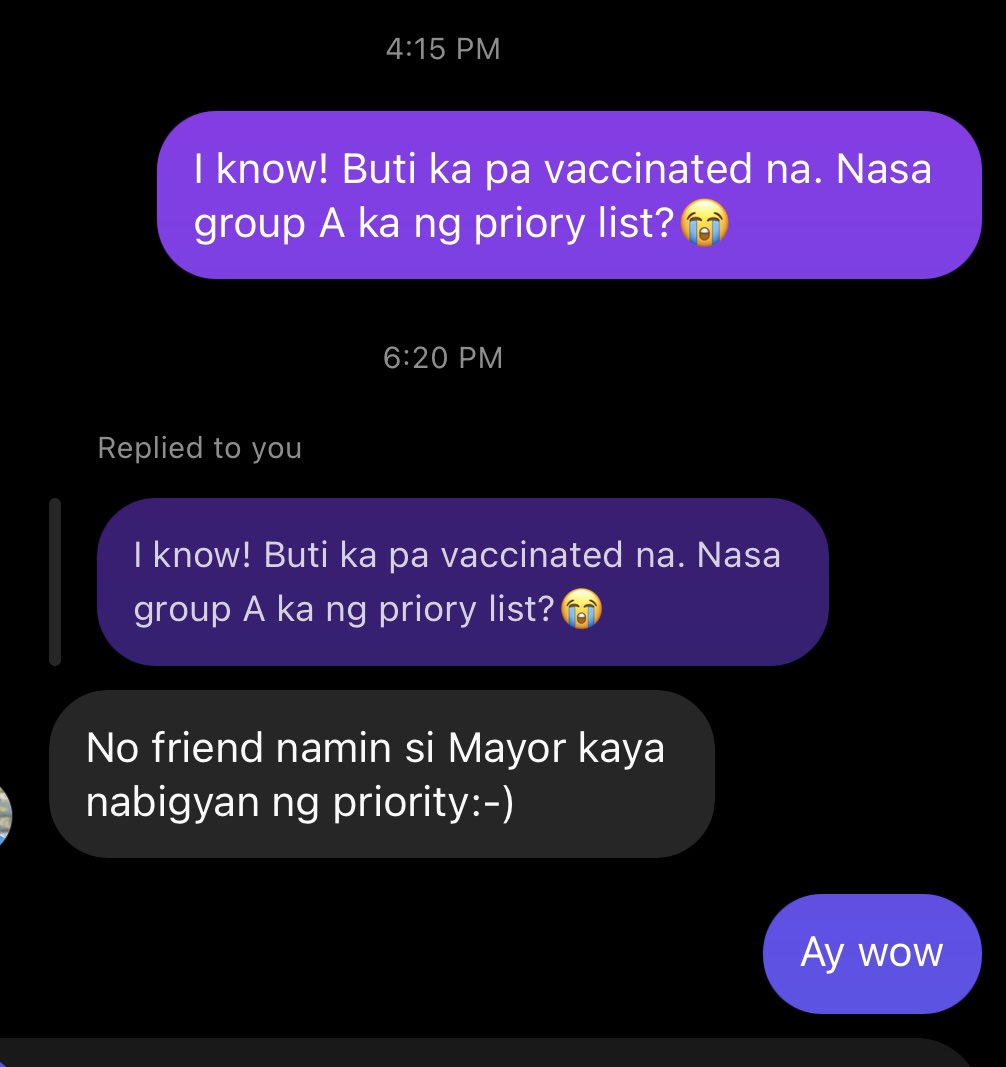 rodelalbert's tweet photo. I saw an acquaintance on ig who recently posted he got vaccinated and I asked if he was in the group A category. Turns out nasa friends of the VIP category pala sya. https://t.co/L9hUCALb8Q