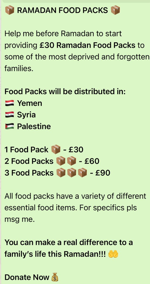 wadhakkir's tweet photo. A friend of mine has a charity and is collecting money to distribute food packs to Yemen, Syria and Palestine.

https://t.co/soFz3t9QOV https://t.co/GcJdD0V5rR