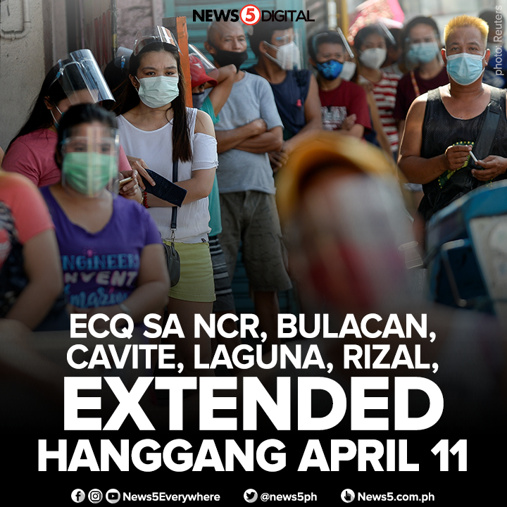 News5PH's tweet photo. JUST IN | Pinalawig pa ng isang linggo ang enhanced community quarantine sa NCR, Bulacan, Cavite, Laguna, at Rizal, ayon sa Palasyo https://t.co/Epm1EBWJWX