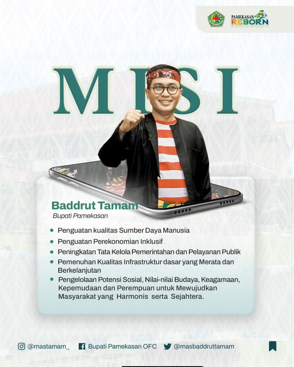 intip Visi Misi Mas Tamam untuk pembangunan Pamekasan Sejahtera!

Dikerucutkan menjadi lima program prioritas utama antara lain, Pendidikan, Kesehatan, ekonomi, infrastruktur, pelayanan publik dan reformasi birokrasi.

#mastamam #bupatipamekasan #pamekasanreborn