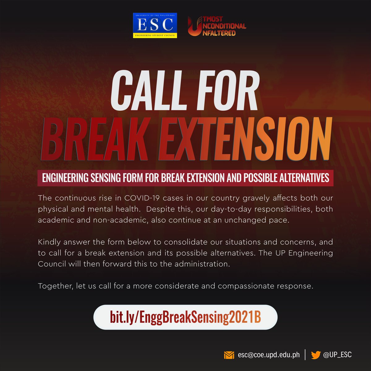 𝐄𝐧𝐠𝐢𝐧𝐞𝐞𝐫𝐢𝐧𝐠 𝐂𝐚𝐥𝐥 𝐟𝐨𝐫 𝐁𝐫𝐞𝐚𝐤 𝐄𝐱𝐭𝐞𝐧𝐬𝐢𝐨𝐧 𝐚𝐧𝐝 𝐀𝐥𝐭𝐞𝐫𝐧𝐚𝐭𝐢𝐯𝐞𝐬

Together, let us call for a more considerate and compassionate response!

bit.ly/EnggBreakSensi…

#LigtasNaBalikEskwela