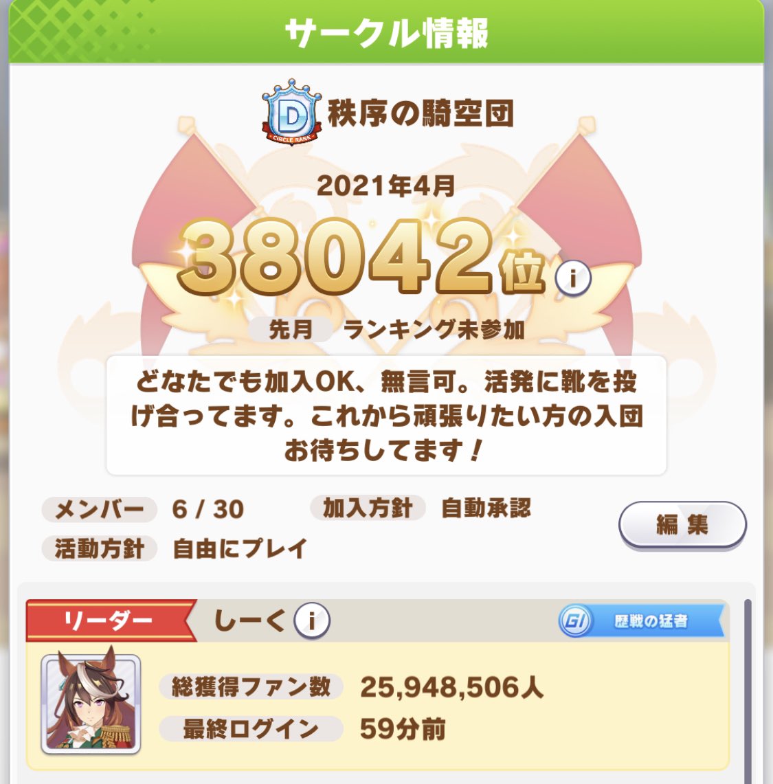 しーく 夜のサークル員募集 3月の終わりに立ち上げたサークルなので順位には目を瞑っていただければ 笑 毎日靴が飛び交ってるので サークルpt稼ぎたい方ぜひ 初心者歓迎 ウマ娘サークル募集 ウマ娘サークルメンバー募集 ウマ娘 T Co