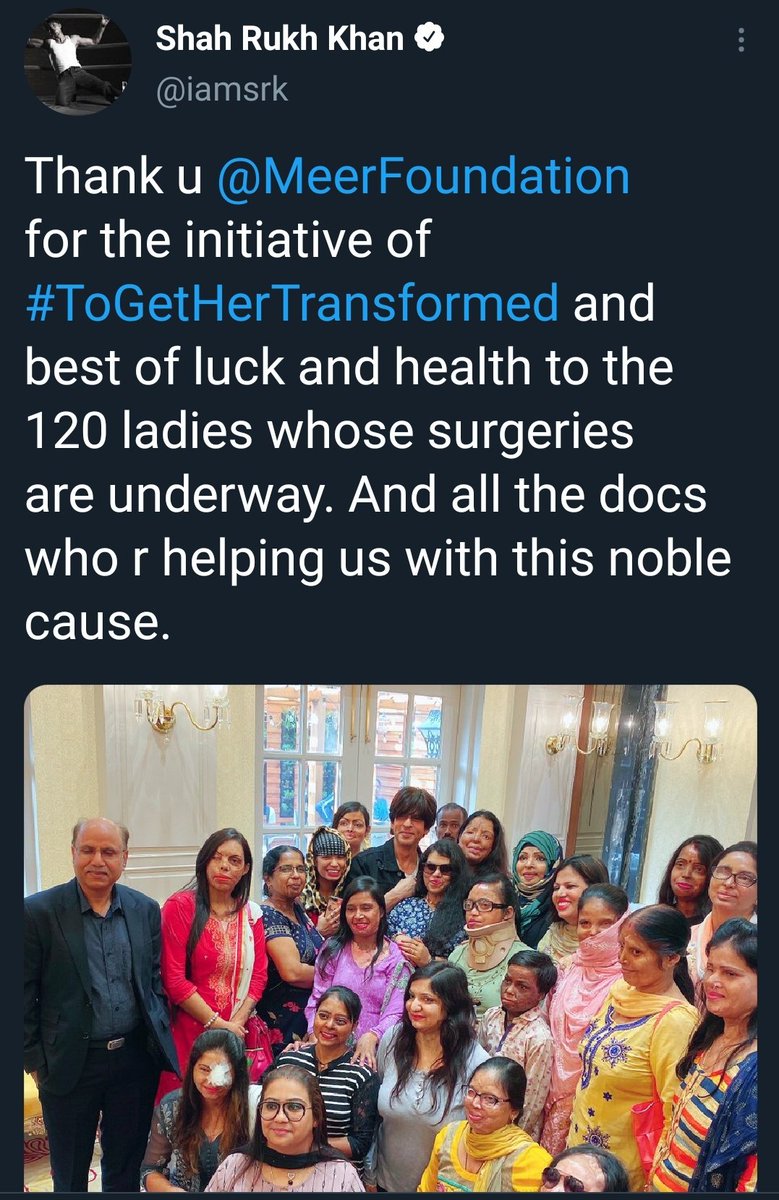 ishaa_SRKian's tweet photo. On Womenโs Day 2019, SRK's MEER Foundation launched initiative #ToGetHerTransformed to provide Corrective Surgeries for 50 BURNS and ACID ATTACK SURVIVORS. The whole month of March was dedicated to organise these surgeries.
https://t.co/WrF8NbgCrY