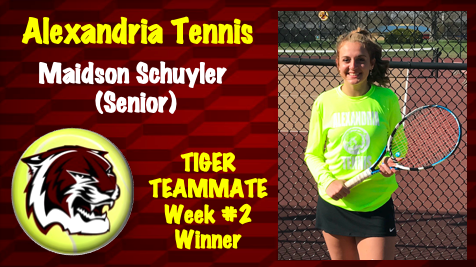 Congrats to Tennis Player Madison Schuyler <a href="/Madischuyler33/">Madison Schuyler</a>  She was selected by her teammates as the Teammate of the Week for Week #2.   The award honors someone each week showing the qualities of a good teammate for the Tigers Tennis Squad.